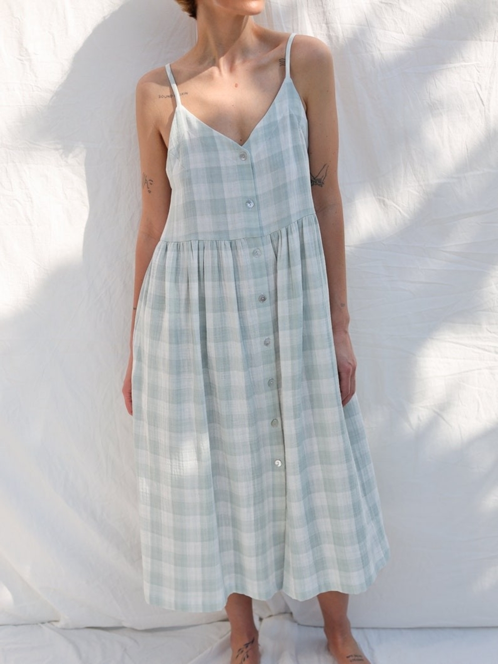Light Plaid Button-Front Midi Dress Double Gauze Cotton